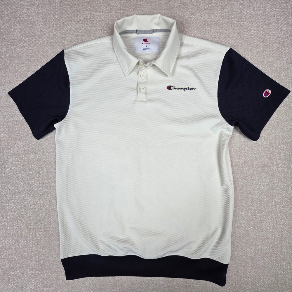 Champion Mens Colorblock Polo Shirt White Navy Blue Short Sleeve Size S NWOT